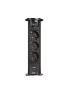   Motoros rejtett elosztó - 3 db 230 V-OS DUGALJ + 1 USB + 1 USB C MATT FEKETE