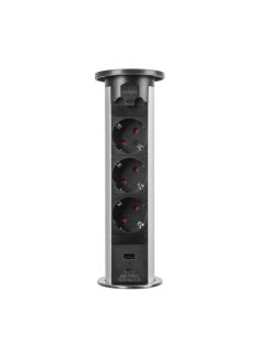   Motoros rejtett elosztó - 3 db 230 V-OS DUGALJ + 1 USB + 1 USB C EZÜST