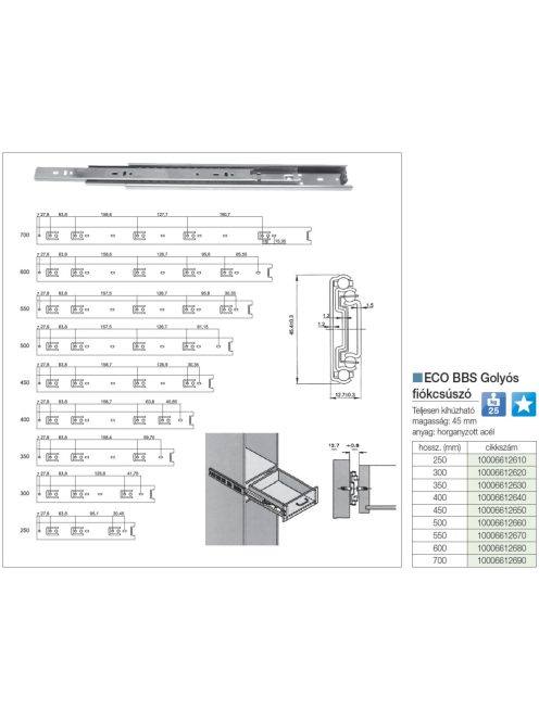 GOLYÓS FIÓKCSÚSZÓ ECO BBS 45mm 600mm NIKKEL